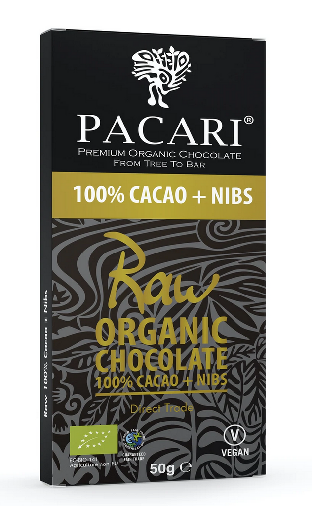 Pacari Raw Organic Chocolate Bar 100% With Nibs (50g)